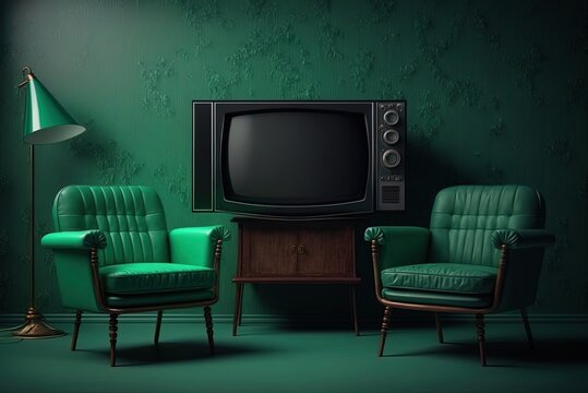 Two Green Armchairs In A TV Room With A Dark Green Wall In The Backdrop. Generative AI