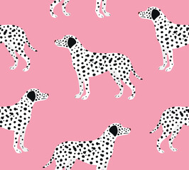 Vector seamless pattern of flat hand drawn dalmatian dog isolated on pink background