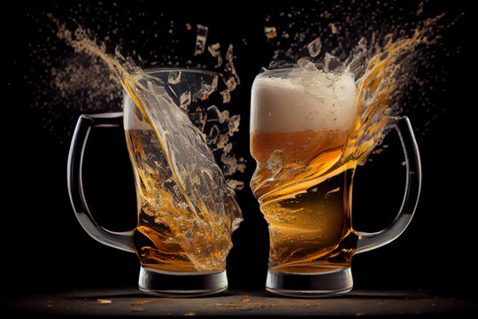 Two Beer Glasses Cheering And Spilling Beer On The Table