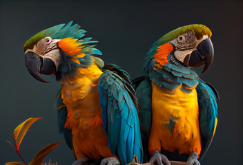 Macaw Parrots. Two macaw parrots standing on tree branch. Created using generative AI tools