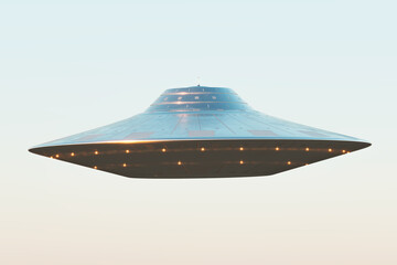 Naklejka na ściany i meble Unknown flying object. UFO. Sci-fi image of a flying spaceship. 3d rendeting