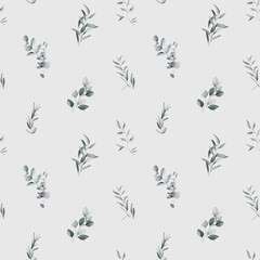 Seamless watercolor floral pattern - green leaves and branches composition on grey background, perfect for wrappers, wallpapers, postcards, fabric, greeting cards, wedding invites, prints, fashion.