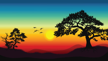 sunset trees and birds silhouette vector illustration landscape bg