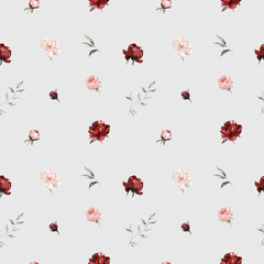 Watercolor floral seamless pattern on grey background, green leaves, burgundy maroon scarlet pink peach blush white flowers leaf branches. Wedding invitations stationery fashion prints. Eucalyptus.
