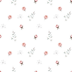 Watercolor floral seamless pattern on white background - green leaves, pink peach blush white flowers, leaf branches. Wedding invitations, wallpapers, fashion, prints, fabric. Eucalyptus, rose, peony. © Veris Studio