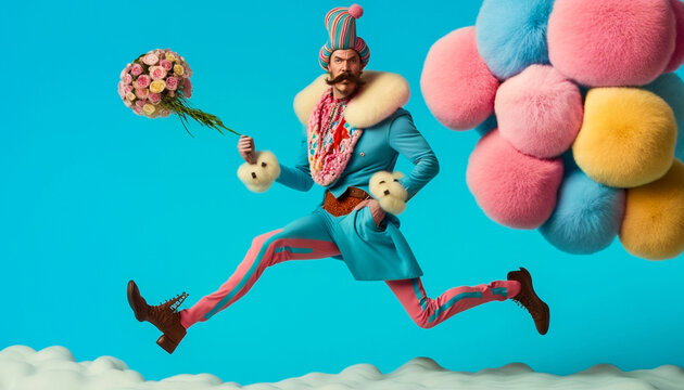 Strange, funny man wearing a colorful outfit with a handlebar mustache jumping with puffy flowers of various colors. generative AI