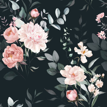 Watercolor floral seamless pattern on black background - green leaves, pink peach blush white flowers, leaf branches. Wedding invitations, wallpapers, fashion, prints, fabric. Eucalyptus, rose, peony.