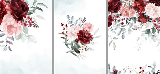 Watercolor floral border bouquet set, green leaves burgundy maroon scarlet pink peach blush white flowers leaf branches. Wedding invitations stationery wallpapers fashion prints. Eucalyptus rose peony