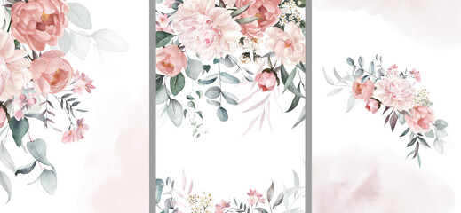 Watercolor floral illustration set bouquet, border, frame - green leaves, pink peach blush white flowers branches. Wedding invitations, greetings, wallpapers, fashion, prints. Eucalyptus, olive, peony