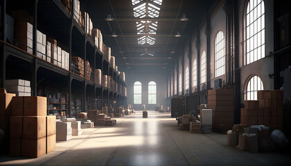 Fototapeta na wymiar Huge distribution warehouse with high shelves and loaders. Bottom view