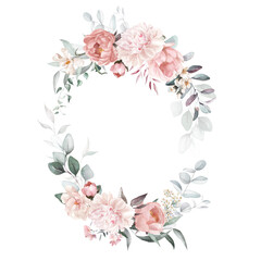Watercolor floral wreath border with green leaves, pink peach blush white flowers branches, for wedding invitations, greetings, wallpapers, fashion, prints. Eucalyptus, olive, rose, peony.