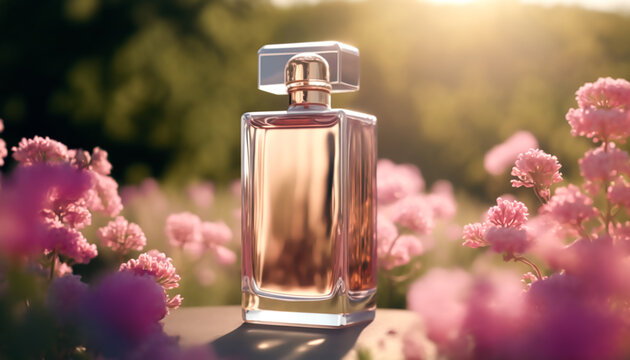 Luxury perfume with floral scent for women, glass fragrance bottle in the flower garden among blooming flowers on a sunny day, generative AI.