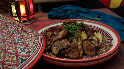 Authentic Moroccan Lamb Tagine. Festive hot food for the Eid - obrazy, fototapety, plakaty