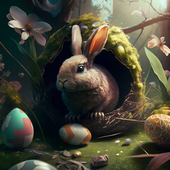 Adorable Bunny With Easter Eggs In Flowery Meadow. Generative AI