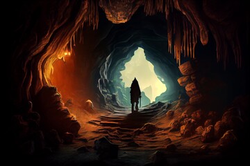 Mysterious dark cave with a silhouette of a man. Generative AI