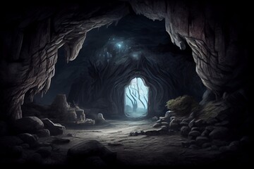 Mysterious dark cave. Fantasy landscape. 3Generative AI