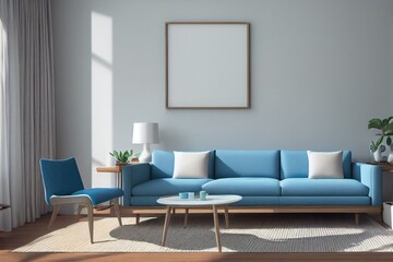 White Interior of Living Room and Blue Accent Couch and Blank Wall Made with Generative AI