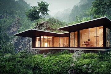Luxurious Modern Architecture Located in Jungle Mountains Made with Generative AI
