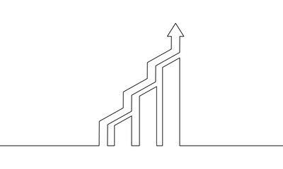 Continuous line drawing of growth graph. Arrow up. Icon 3d. Business growth. Bar chart outline. Object one line, single line art, vector illustration