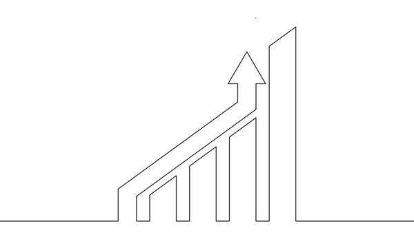 Continuous line arawing of growth business. Arrow up. Growth graph icon. Bar chart. 3d, outline, object one line, single line art, vector illustration