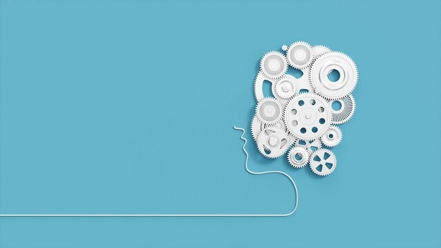 Human head with gears. Business technology concept. 3d animation