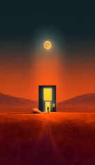 A surreal depiction of an open door in the middle of a desert under a full moon, casting a portal of light across the sandy expanse