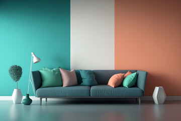 Minimalist Living Room: 3D Rendered Two-Tone Wall for Modern Decor