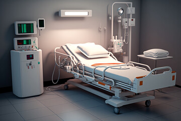 Empty Emergency Room: 3D Illustration of Modern Clinic Interior with Hospital Beds, Medical Equipment, and Nurses Station, No People