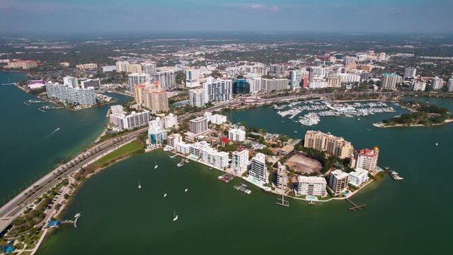 Panorama of City Sarasota FL. Beautiful beaches in Florida. Spring or summer vacations in Florida. Beautiful View on Hotels and Resorts on Island. America USA. Gulf of Mexico. Aerial travels video.