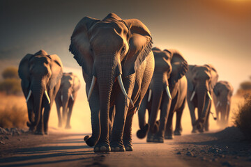 Fototapeta na wymiar A herd of elephants walking down a dirt road, Generative AI