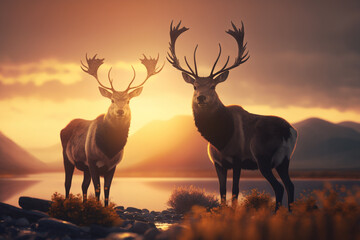 Two deer standing next to each other at sunset, Generative AI