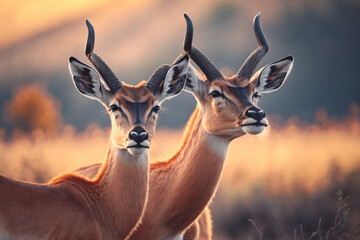 Two antelope standing next to each other in a field, Generative AI