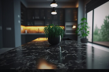 Modern empty dark marble table in a kitchen room on blurry background, kitchen room interior design, a marble table for product display, Generative AI © Kafi