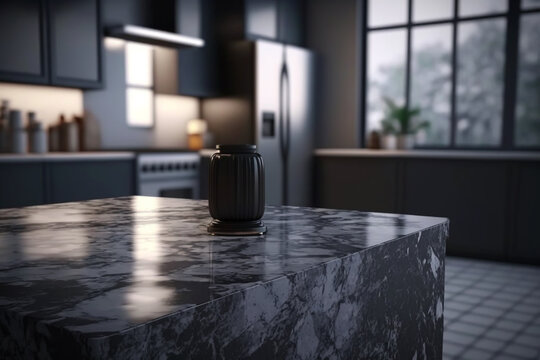 Modern empty dark marble table in a kitchen room on blurry background, kitchen room interior design, a marble table for product display, Generative AI