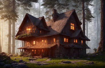 Lonely residential multi-storey building in quiet place. Wooden mansion in forest.