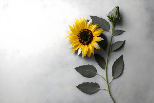Background of beautiful sunflower. Gray Background. Wallpaper illustration. Top view and flat lay with copy space for text information or content. Greeting card, tribute, celebration. Generative AI
