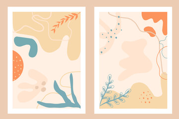 Abstract theme collection of leaf shapes, strokes and lines with soft color options isolated in frames. Vector illustration. Printable for decorative wall decoration, room, backdrop, wallpaper.