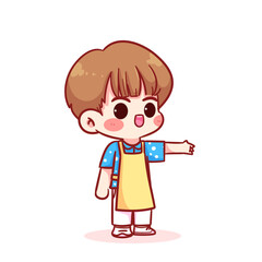 Boy standing presenting something to side with hand cartoon character hand draw art illustration