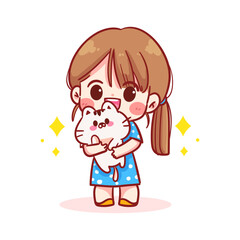 Cute girl holding a cat kid with animal character cartoon hand draw art illustration