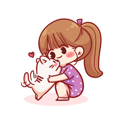 Cute girl playing with cat cartoon character hand draw art illustration