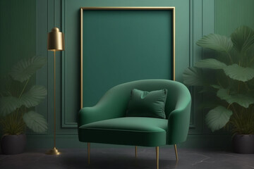 Contemporary Coziness: 3D Render of Living Room Interior with Armchair, TV Cabinet, and Dark Green Wall