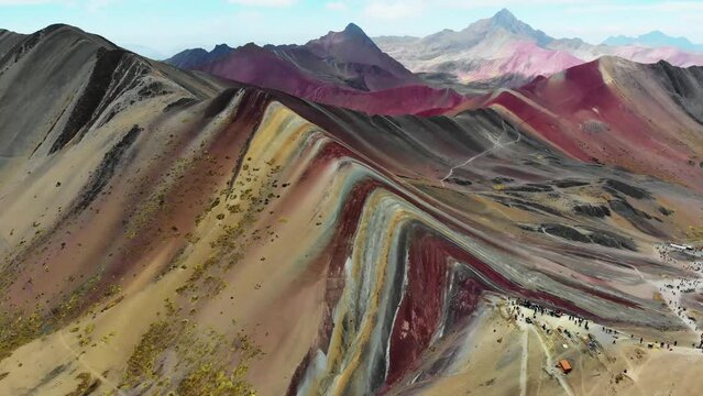 Rainbow Mountain, Peru, Pan right to left aerial shot.