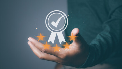 Man holding quality assurance, Guarantee, Standards, ISO certification.