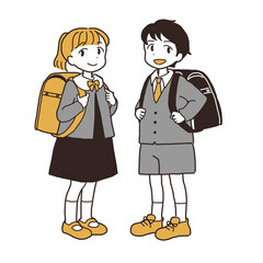 ランドセルを背負った小学生の男女の全身イラスト