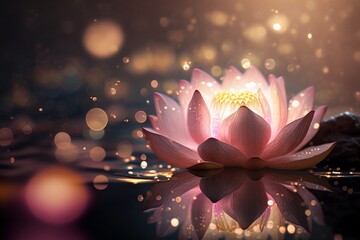 Magic pink lotus flower on water - shiny blossom lights with bokeh background. AI Generated