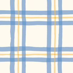 Cornflower Blue and Yellow Watercolor Hand-Drawn Plaid Vector Seamless Pattern. Romantic Artistic Cottagecore Checks. Homestead Farmhouse Print. Pastel Summer Graphic Background