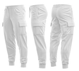 Jogging pants cargo style, With rib cuff, White