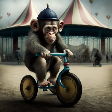 Cute Baby Monkey Riding Tricycle at the Circus Generative AI