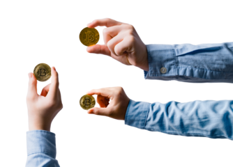 Business man hand holding bitcoin. Gold coin in male hands on isolated. Business and Financial concept. png transparent