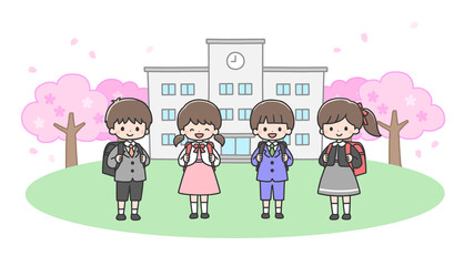 入学式　校舎の前に立つ新一年生4人